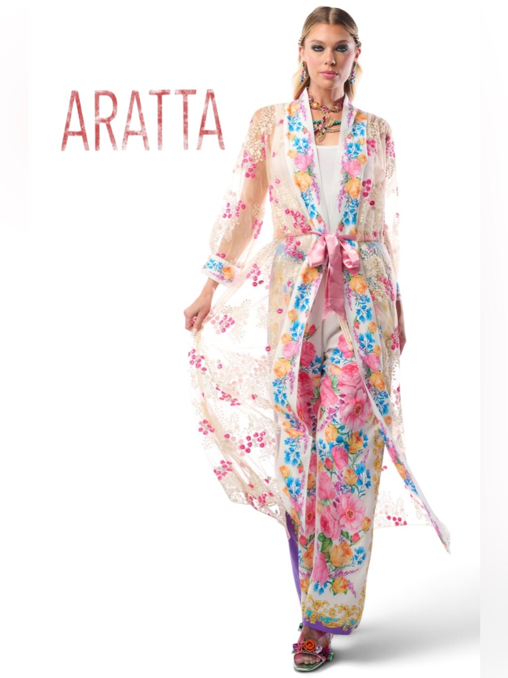 NWT Aratta Blossom Duster Maxi Kimono White Fuchsia Tea XL Sealed